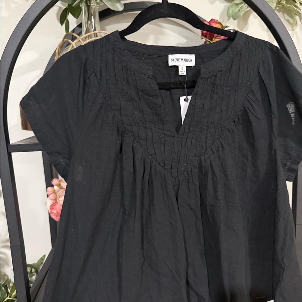 Steve Madden Black Boho Peasant Top | Flowy Cotton Blouse Size S NWT - Picture 2 of 7